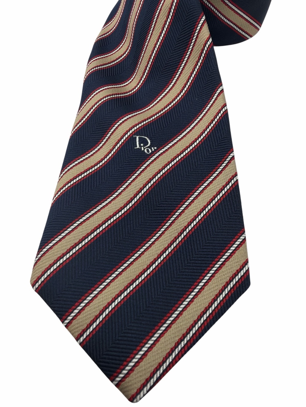 Vintage Christian Dior Embroidered DIOR Navy Red Tan Striped Mens Neck Tie‎